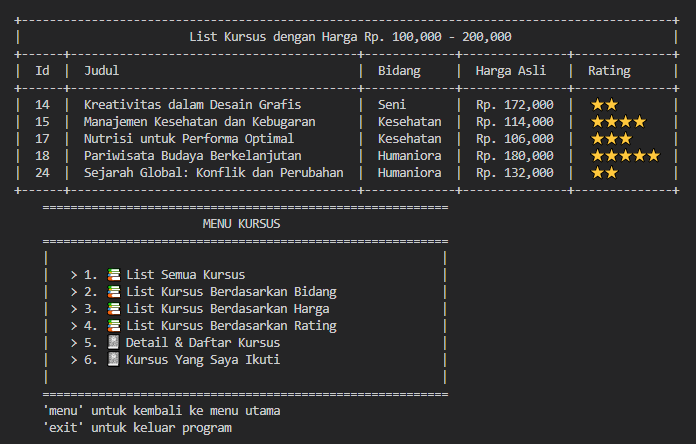 tampilan terminal di bagian menu
