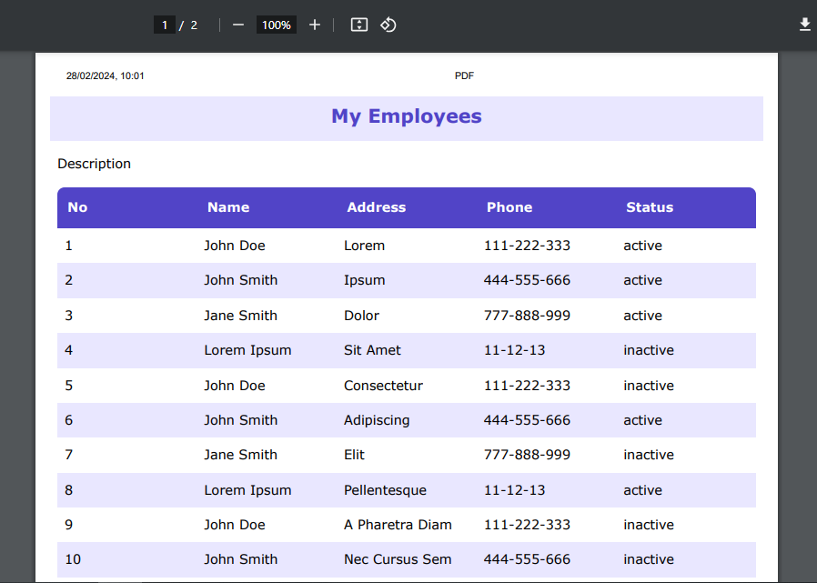 tampilan pdf tabel dengan data-data dari csv